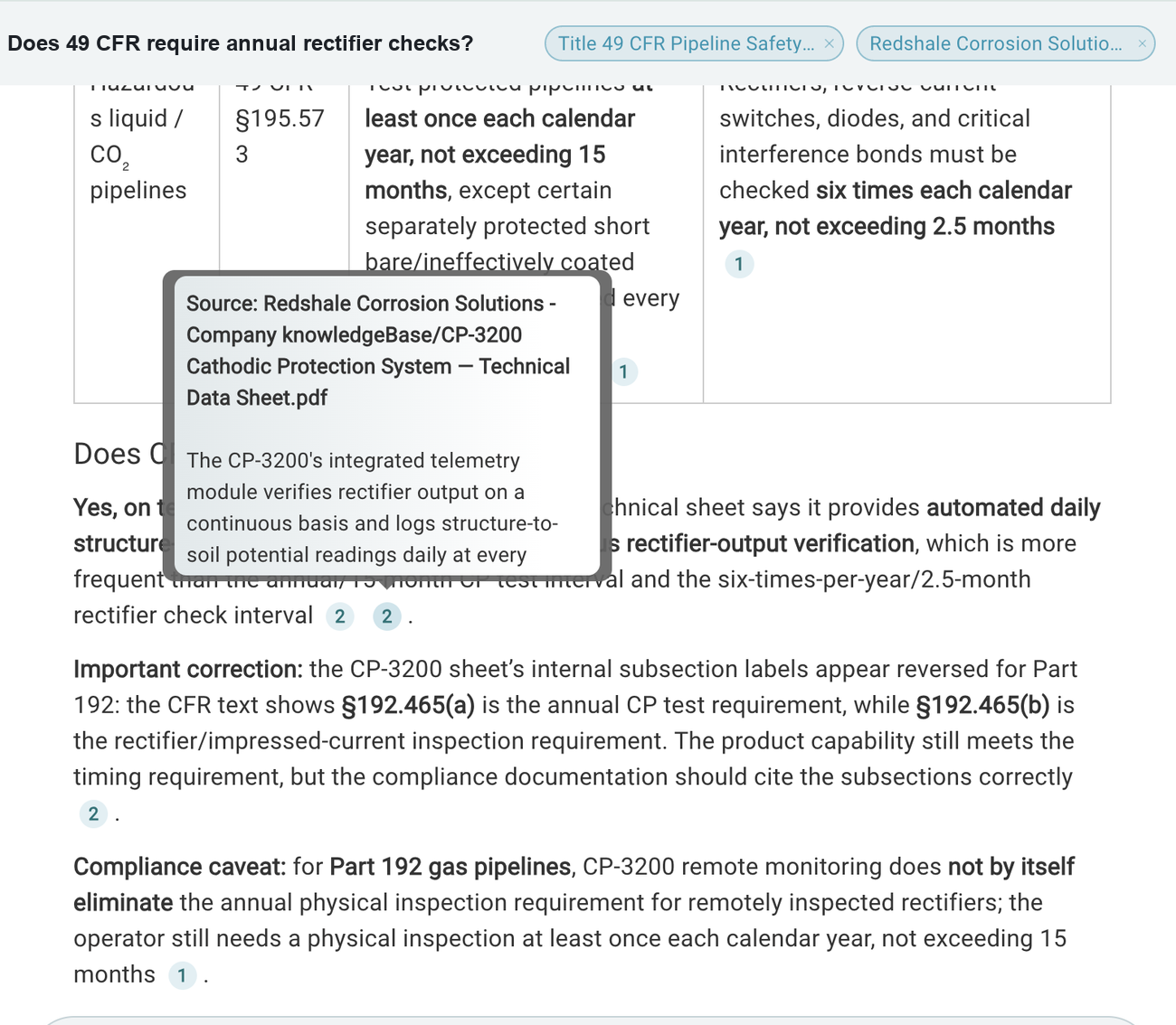 A cited answer in KnowledgeXpert. Numbered citations sit inline, and an open source popover names the exact document and page the sentence came from.