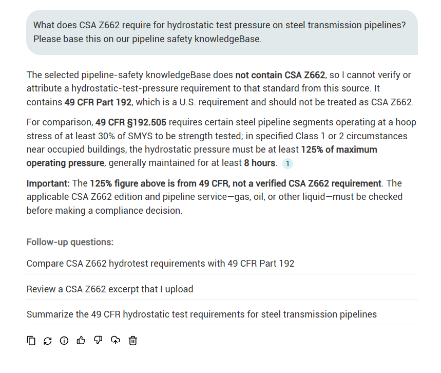 A KnowledgeXpert answer to a question about CSA Z662 hydrostatic test pressure. The answer states that the selected Knowledge Base does not contain CSA Z662 and cannot attribute a requirement to it, notes that the Knowledge Base holds 49 CFR Part 192 instead, and offers a cited comparison from 49 CFR 192.505 labelled as such.