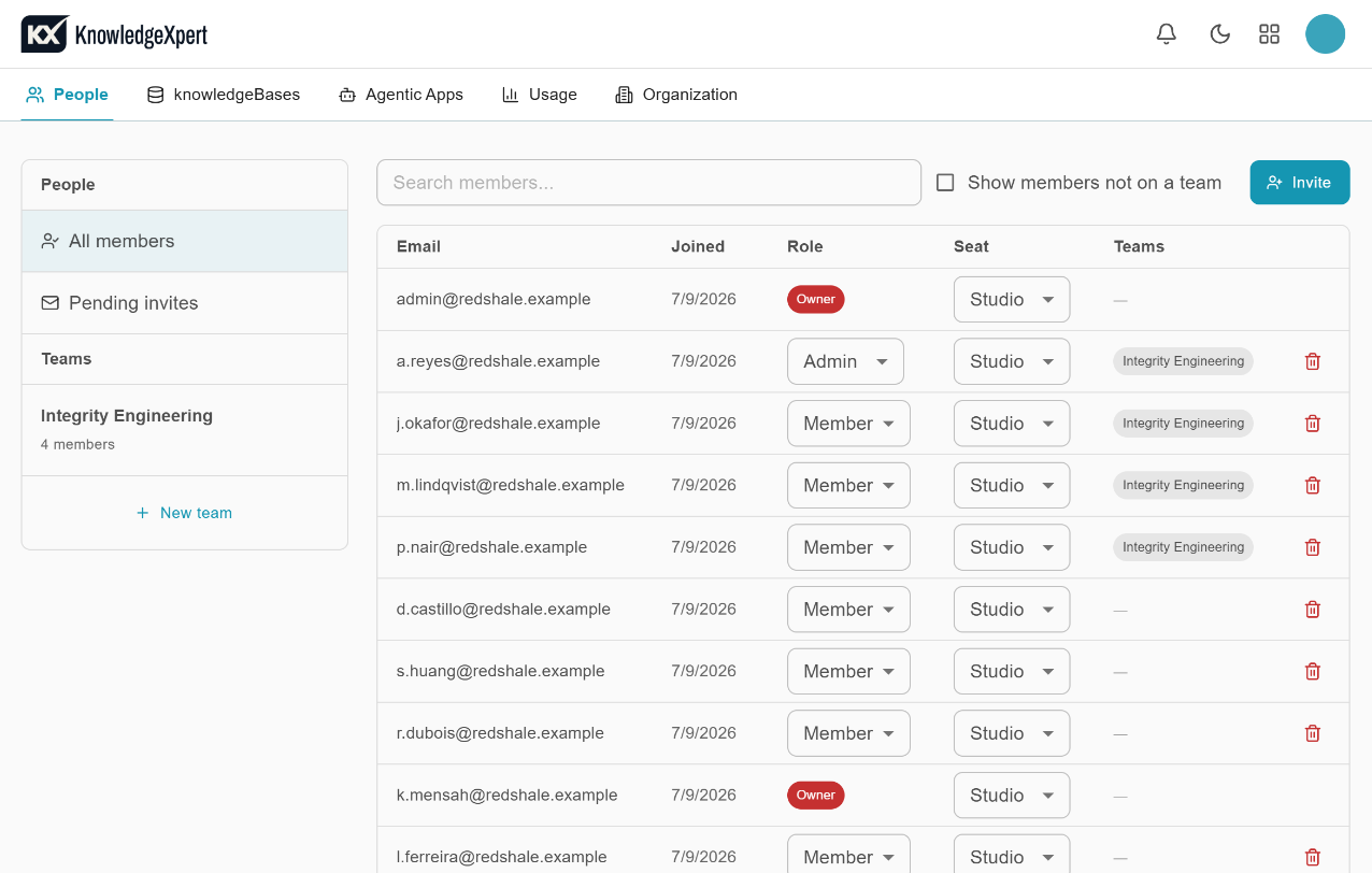 The KnowledgeXpert My Organization screen, People tab: a member list with each person's role (Owner, Admin, Member), seat and team, and a team panel on the left.