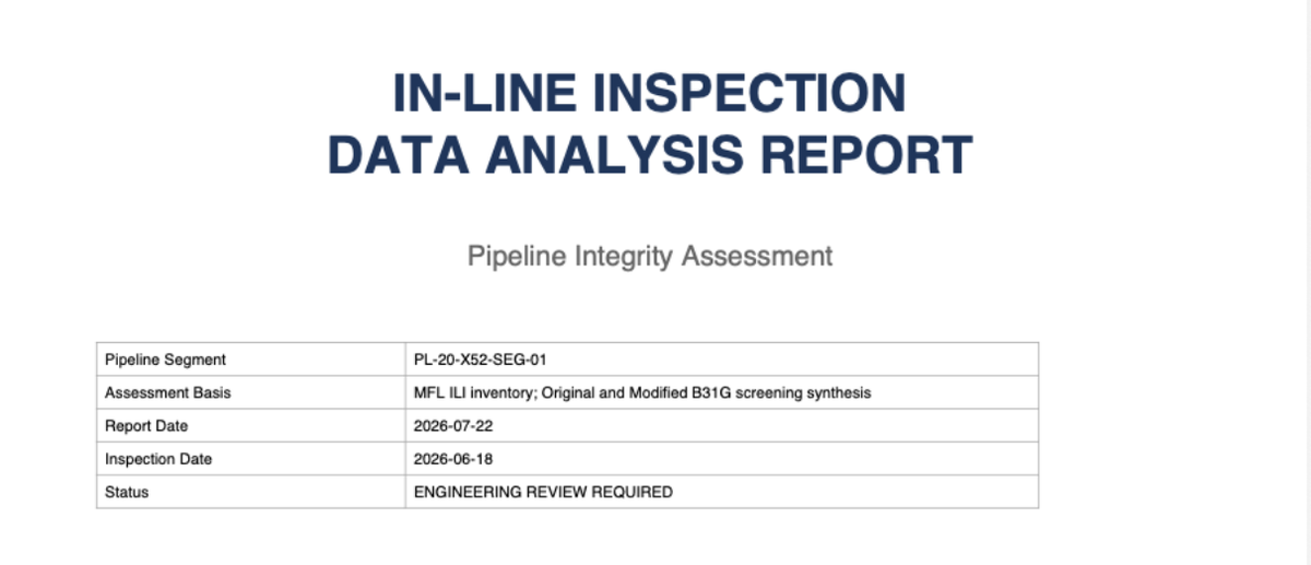 The cover of an In-Line Inspection Data Analysis Report produced in KnowledgeXpert for a pipeline integrity assessment: segment, assessment basis, report and inspection dates, and a status line reading Engineering review required.