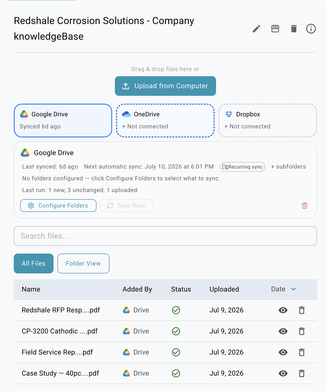 A Knowledge Base in KnowledgeXpert for a demo company, showing Google Drive connected and syncing, OneDrive and Dropbox available, and a file list of synced PDFs each marked as processed.
