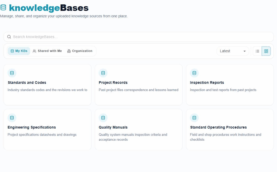 Knowledge Bases in KnowledgeXpert: a grid of six knowledge bases named Standards and Codes, Project Records, Inspection Reports, Engineering Specifications, Quality Manuals and Standard Operating Procedures.