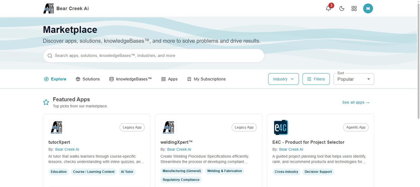 The KnowledgeXpert Marketplace, showing a search field, tabs for Solutions, Knowledge Bases, Apps and My Subscriptions, industry and sort filters, and a row of featured app cards including tutorXpert, weldingXpert and a product selector, each tagged with the disciplines it serves.