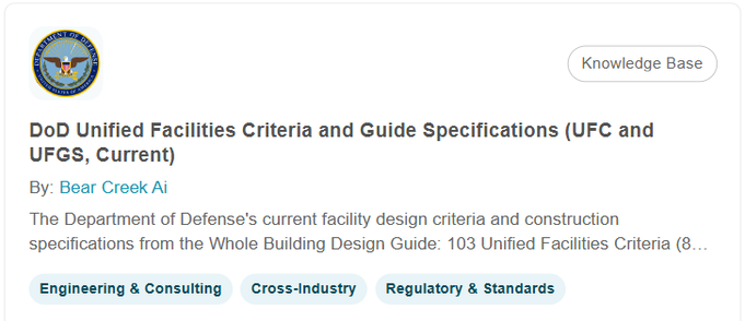 KnowledgeXpert Marketplace card: DoD Unified Facilities Criteria and Guide Specifications (UFC and UFGS, Current), by Bear Creek Ai.