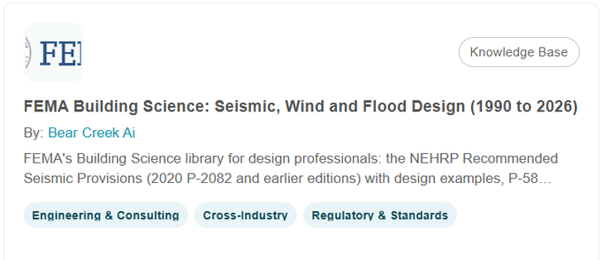 KnowledgeXpert Marketplace card: FEMA Building Science: Seismic, Wind and Flood Design (1990 to 2026), by Bear Creek Ai.