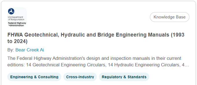 KnowledgeXpert Marketplace card: FHWA Geotechnical, Hydraulic and Bridge Engineering Manuals (1993 to 2024), by Bear Creek Ai.