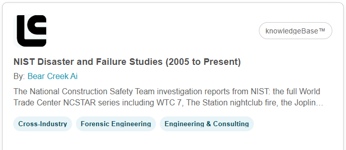 KnowledgeXpert Marketplace card: NIST Disaster and Failure Studies (2005 to Present), by Bear Creek Ai.
