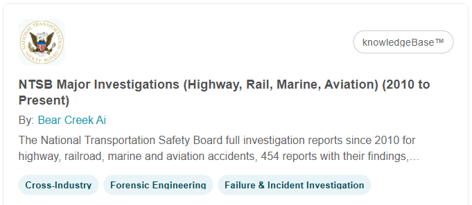 KnowledgeXpert Marketplace card: NTSB Major Investigations (Highway, Rail, Marine, Aviation) (2010 to Present), by Bear Creek Ai.
