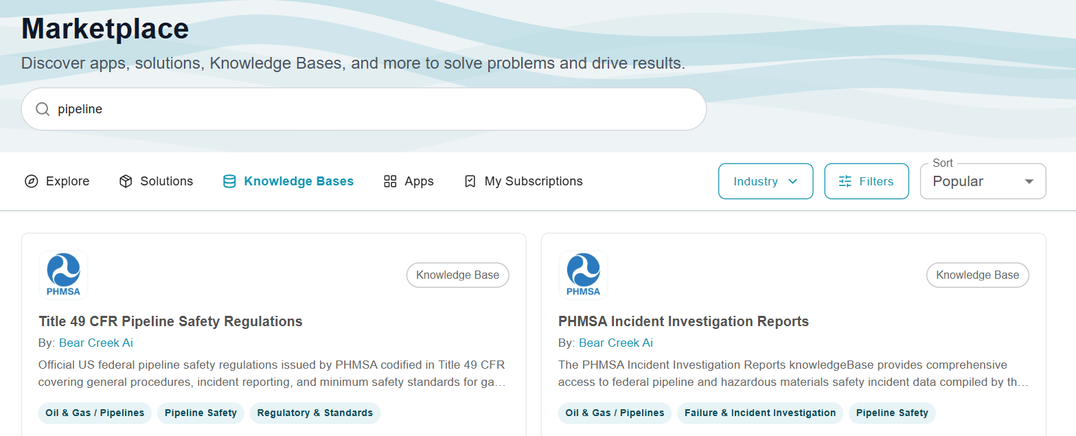 The KnowledgeXpert Marketplace on the Knowledge Bases tab, searched for pipeline: cards for Title 49 CFR Pipeline Safety Regulations and PHMSA Incident Investigation Reports, each with the PHMSA mark and tagged Oil & Gas / Pipelines and its regulatory area.